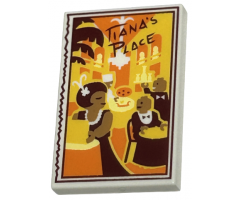 Tile 2 x 3 with Dark Red 'TIANA'S PLACE', Palm Tree, Table with Minifigures Dining, and Yellow and Orange Building Pattern