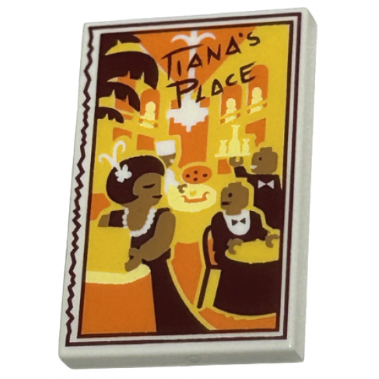 Tile 2 x 3 with Dark Red 'TIANA'S PLACE', Palm Tree, Table with Minifigures Dining, and Yellow and Orange Building Pattern