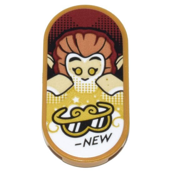 Tile, Round 2 x 4 Oval with Monkey King, Gold Sunglasses, and Black 'NEW' Pattern (Sticker) - Set 80036