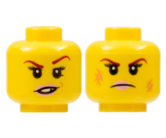 Minifigure, Head Dual Sided Female Dark Red Eyebrows, Pink Lips, Frown, Scratches / Eyebrow Raised, Chipped Toothed Smirk Pattern