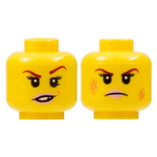 Minifigure, Head Dual Sided Female Dark Red Eyebrows, Pink Lips, Frown, Scratches / Eyebrow Raised, Chipped Toothed Smirk Pattern