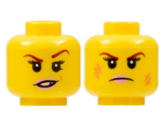 Minifigure, Head Dual Sided Female Dark Red Eyebrows, Pink Lips, Frown, Scratches / Eyebrow Raised, Chipped Toothed Smirk Pattern