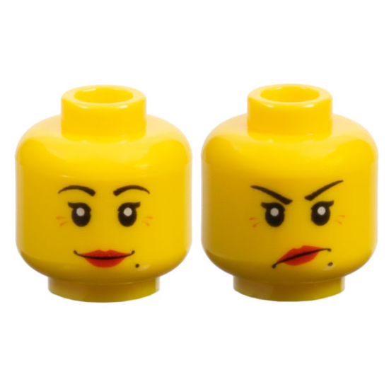 Minifigure, Head Dual Sided Female Black Thin Eyebrows, Single Eyelashes, Beauty Mark, Red Lips, Medium Nougat Wrinkles, Grin / Angry Lopsided Frown Pattern