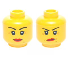 Minifigure, Head Dual Sided Female Black Thin Eyebrows, Single Eyelashes, Beauty Mark, Red Lips, Medium Nougat Wrinkles, Grin / Angry Lopsided Frown with Dimples Pattern