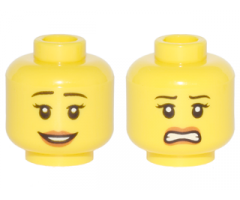 Minifigure, Head Dual Sided Female, Thin Black Eyebrows, Dark Orange Lips, Slight Smile / Scared Pattern