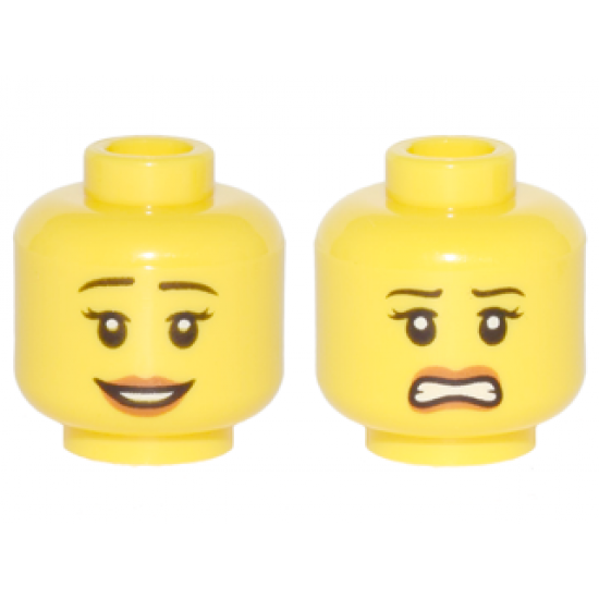 Minifigure, Head Dual Sided Female, Thin Black Eyebrows, Dark Orange Lips, Slight Smile / Scared Pattern
