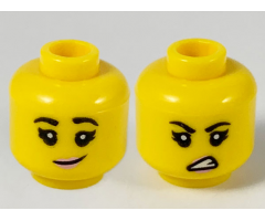 Minifigure, Head Dual Sided Female, Black Eyebrows, Bright Pink Lips, Lopsided Grin / Sneer Pattern