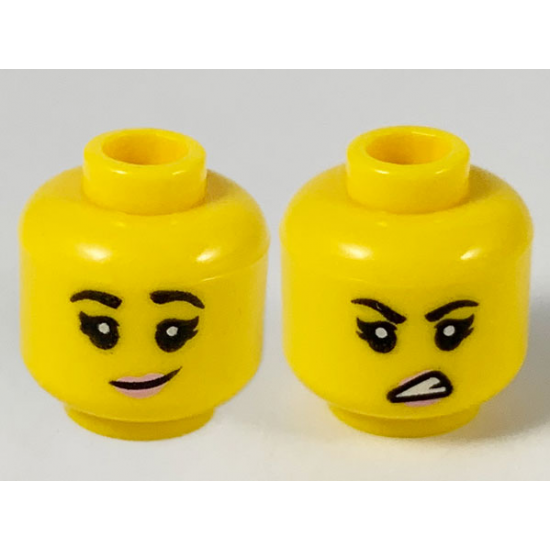Minifigure, Head Dual Sided Female, Black Eyebrows, Bright Pink Lips, Lopsided Grin / Sneer Pattern