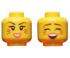Minifigure, Head Dual Sided Female, Reddish Brown Eyebrows, Magenta Cat Whiskers, Coral Lips, Smiling / Singing with Closed Eyes Pattern
