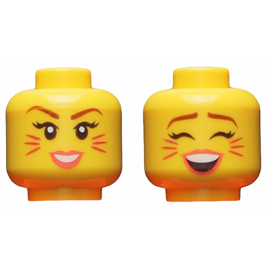 Minifigure, Head Dual Sided Female, Reddish Brown Eyebrows, Magenta Cat Whiskers, Coral Lips, Smiling / Singing with Closed Eyes Pattern