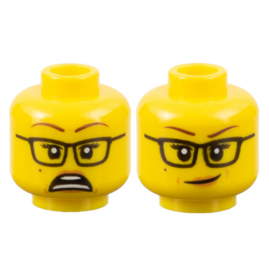 Minifigure, Head Dual Sided Female Reddish Brown Eyebrows, Black Glasses, Nougat Lips, Beauty Mark, Scared / Lopsided Smile Pattern