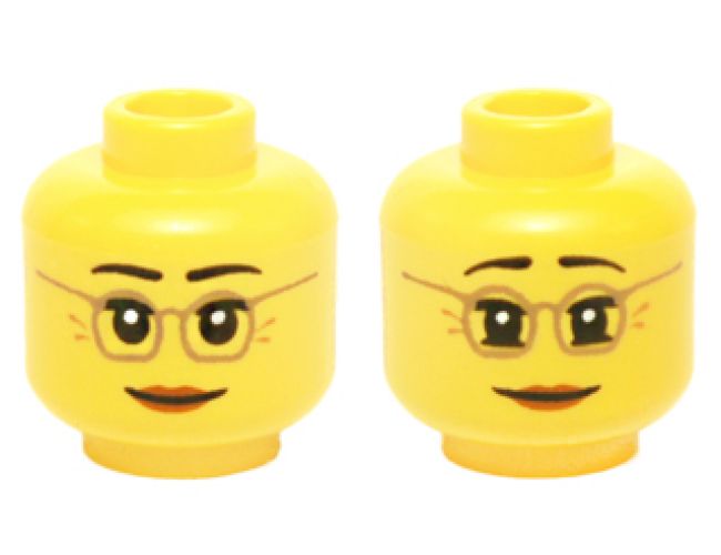 Minifigure, Head Dual Sided Female Dark Tan Glasses, Laugh Lines, Dark Orange Lips, Neutral / Raised Eyebrows Amused Pattern