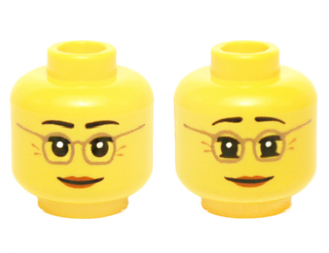 Minifigure, Head Dual Sided Female Dark Tan Glasses, Laugh Lines, Dark Orange Lips, Neutral / Raised Eyebrows Amused Pattern