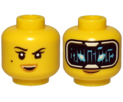 Minifigure, Head Dual Sided Female Black Eyebrows, Beauty Mark, Smile / HUD with Black Screen, Medium Azure Highlights Pattern