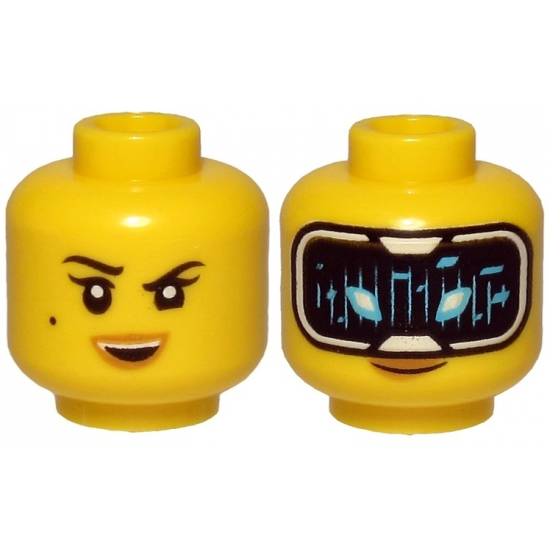 Minifigure, Head Dual Sided Female Black Eyebrows, Beauty Mark, Smile / HUD with Black Screen, Medium Azure Highlights Pattern