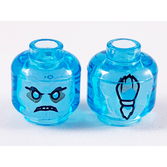 Minifigure, Head White Face, Black Eyebrows, Bright Light Blue Eyes, Scowl, Ponytail in Back Pattern