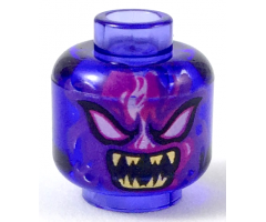 Minifigure, Head Alien with White Eyes, Dark Purple and Magenta Flames, and Open Mouth with Sharp Gold Teeth Pattern