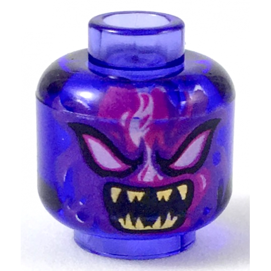 Minifigure, Head Alien with White Eyes, Dark Purple and Magenta Flames, and Open Mouth with Sharp Gold Teeth Pattern