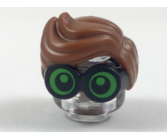 Minifigure, Hair Combo, Large Thick Glasses with Reddish Brown Hair, Parted and Wavy with Bright Green Lenses, Pupils Looking Forward Pattern