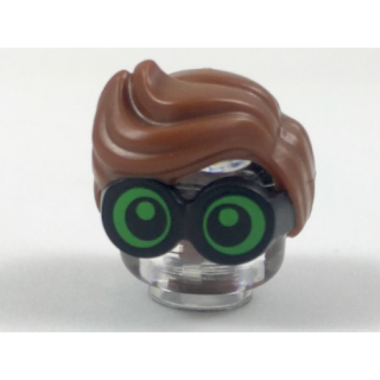 Minifigure, Hair Combo, Large Thick Glasses with Reddish Brown Hair, Parted and Wavy with Bright Green Lenses, Pupils Looking Forward Pattern
