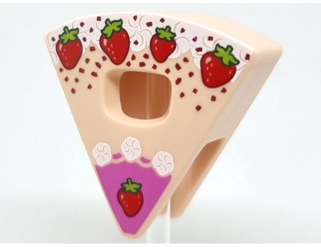 Minifigure, Headgear Head Cover, Costume Wedge Slice with Cake with Strawberries, White Cream, and Dark Pink Frosting Pattern (BAM)
