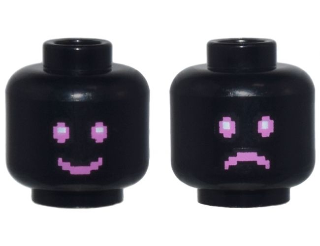 Minifigure, Head Dual Sided Dark Pink and White Pixelated Eyes and Mouth, Happy Smile / Sad Frown Pattern