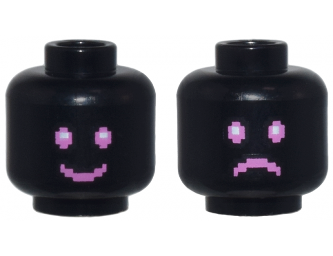 Minifigure, Head Dual Sided Dark Pink and White Pixelated Eyes and Mouth, Happy Smile / Sad Frown Pattern