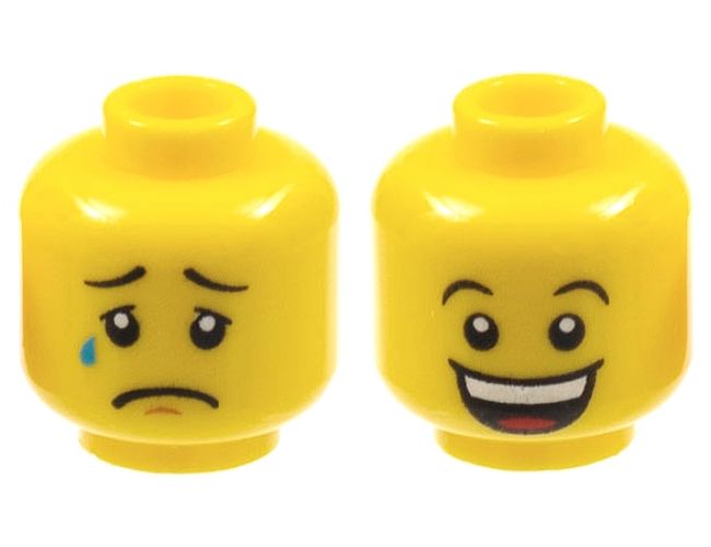 Minifigure, Head Dual Sided Black Concave Eyebrows, Upper Eyelids, Tear Drop, Chin Dimple, and Sad Frown / Huge Open Mouth Smile with Top Teeth and Red Tongue Pattern