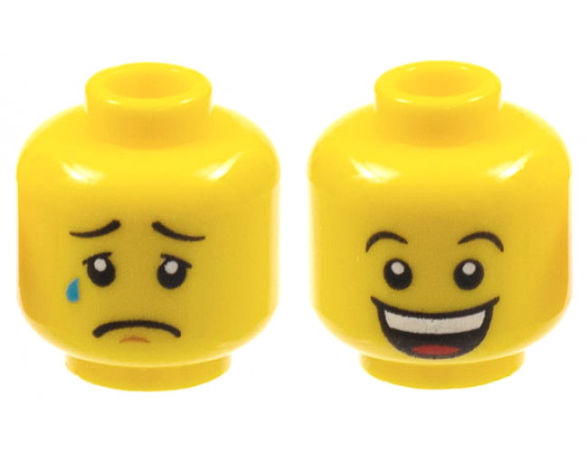 Minifigure, Head Dual Sided Black Concave Eyebrows, Upper Eyelids, Tear Drop, Chin Dimple, and Sad Frown / Huge Open Mouth Smile with Top Teeth and Red Tongue Pattern