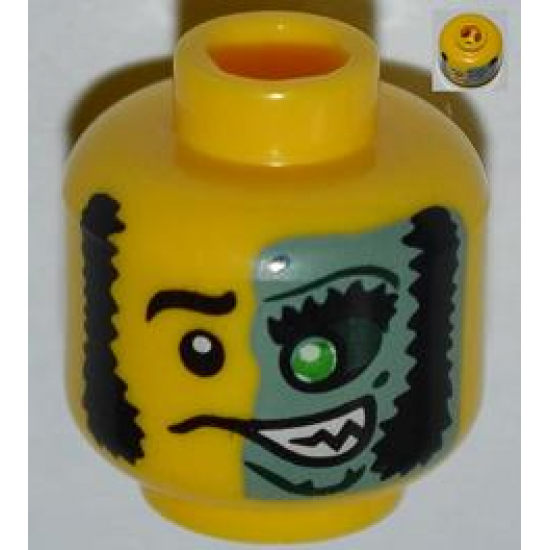 Minifigure, Head Male Mask Half Sand Green with Green Eye Open Grin Pattern