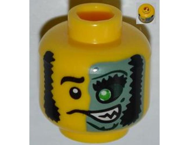Minifigure, Head Male Mask Half Sand Green with Green Eye Open Grin Pattern