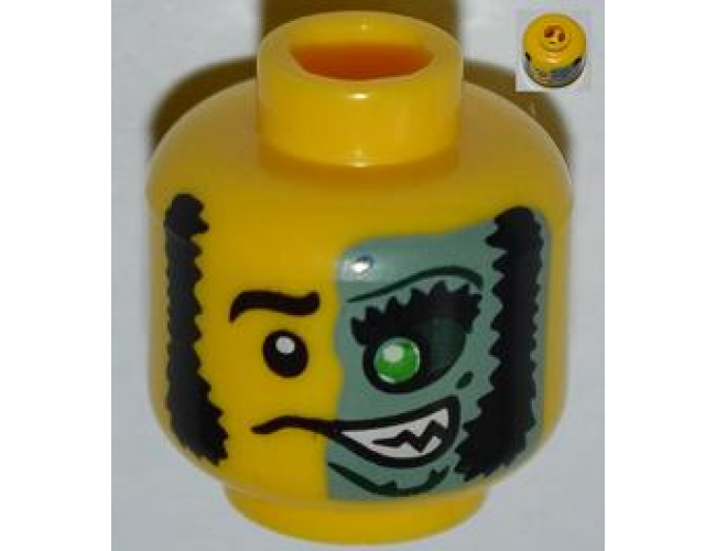 Minifigure, Head Male Mask Half Sand Green with Green Eye Open Grin Pattern