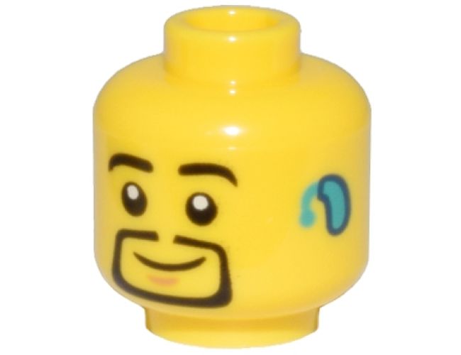 Minifigure, Head Black Eyebrows and Thin Goatee, Nougat Chin Dimple, Dark Turquoise Hearing Aid on Left, Grin Pattern