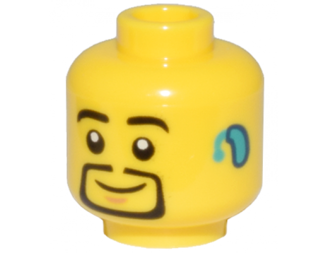 Minifigure, Head Black Eyebrows and Thin Goatee, Nougat Chin Dimple, Dark Turquoise Hearing Aid on Left, Grin Pattern