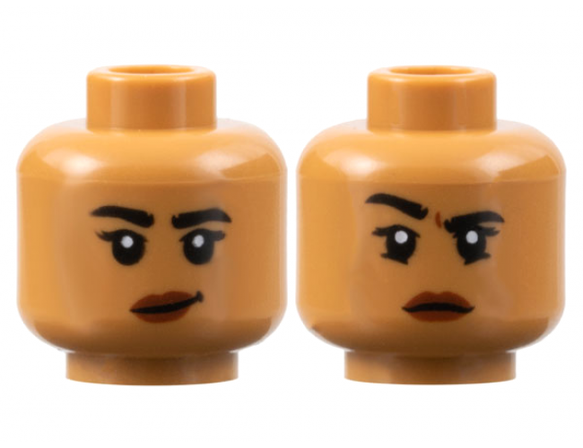 Minifigure, Head Dual Sided Female, Black Eyebrows, Reddish Brown Lips, Lopsided Grin / Right Eyebrow Raised Pattern