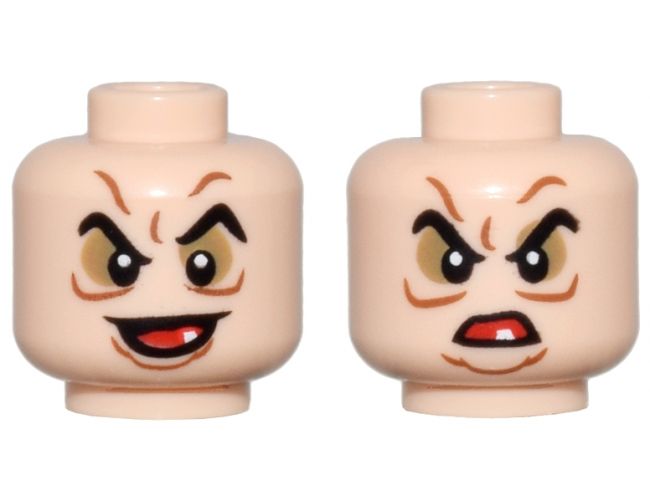 Minifigure, Head Dual Sided Pointed Black Eyebrows, Dark Tan Eye Shadow, Dark Orange Wrinkles, Open Mouth with White Tooth Smile / Scowl Pattern