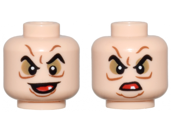 Minifigure, Head Dual Sided Pointed Black Eyebrows, Dark Tan Eye Shadow, Dark Orange Wrinkles, Open Mouth with White Tooth Smile / Scowl Pattern