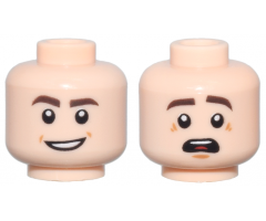 Minifigure, Head Dual Sided Dark Brown Eyebrows, Open Mouth Smile / Scared with Top Teeth and Red Tongue Pattern