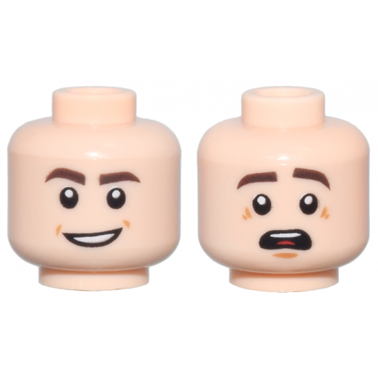 Minifigure, Head Dual Sided Dark Brown Eyebrows, Open Mouth Smile / Scared with Top Teeth and Red Tongue Pattern