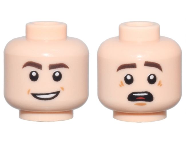 Minifigure, Head Dual Sided Dark Brown Eyebrows, Open Mouth Smile / Scared with Top Teeth and Red Tongue Pattern