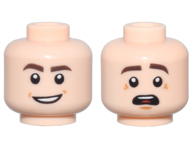 Minifigure, Head Dual Sided Dark Brown Eyebrows, Open Mouth Smile / Scared with Top Teeth and Red Tongue Pattern