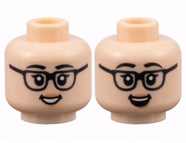 Minifigure, Head Dual Sided Female, Black Eyebrows and Glasses, Peach Lips, Grin with Teeth / Open Mouth Smile Pattern