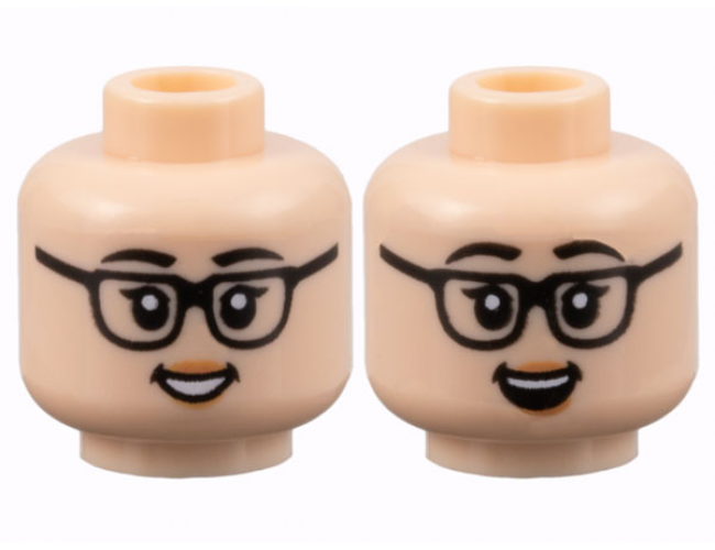 Minifigure, Head Dual Sided Female, Black Eyebrows and Glasses, Peach Lips, Grin with Teeth / Open Mouth Smile Pattern