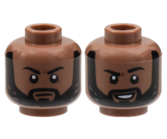 Minifigure, Head Dual Sided Black Eyebrows and Beard, Neutral / Grin with Raised Left Eyebrow Pattern