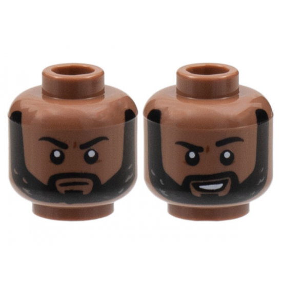 Minifigure, Head Dual Sided Black Eyebrows and Beard, Neutral / Grin with Raised Left Eyebrow Pattern