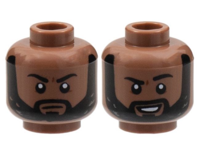 Minifigure, Head Dual Sided Black Eyebrows and Beard, Neutral / Grin with Raised Left Eyebrow Pattern