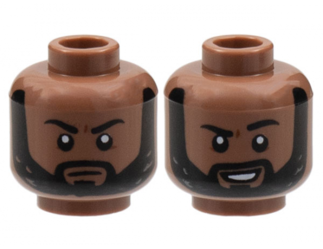 Minifigure, Head Dual Sided Black Eyebrows and Beard, Neutral / Grin with Raised Left Eyebrow Pattern