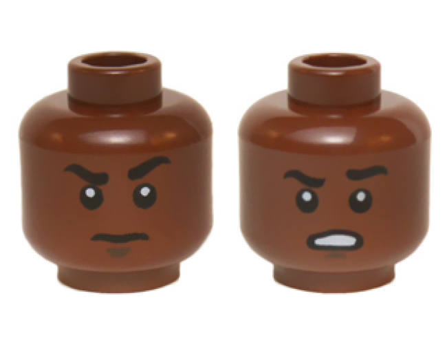 Minifigure, Head Dual Sided Black Eyebrows, White Pupils, Raised Eyebrow / Open Mouth Scowling Teeth Pattern (Finn)
