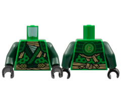 Torso Tunic, Dark Green Hems and Shoulder Pads, Tan Tattered Scarf and Sash, Gold Ninjago Logogram 'L' on Back Pattern / Dark Green Arms / Black Hands
