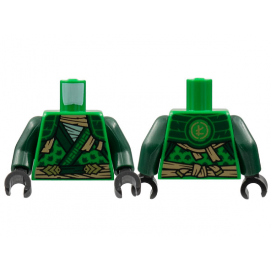 Torso Tunic, Dark Green Hems and Shoulder Pads, Tan Tattered Scarf and Sash, Gold Ninjago Logogram 'L' on Back Pattern / Dark Green Arms / Black Hands